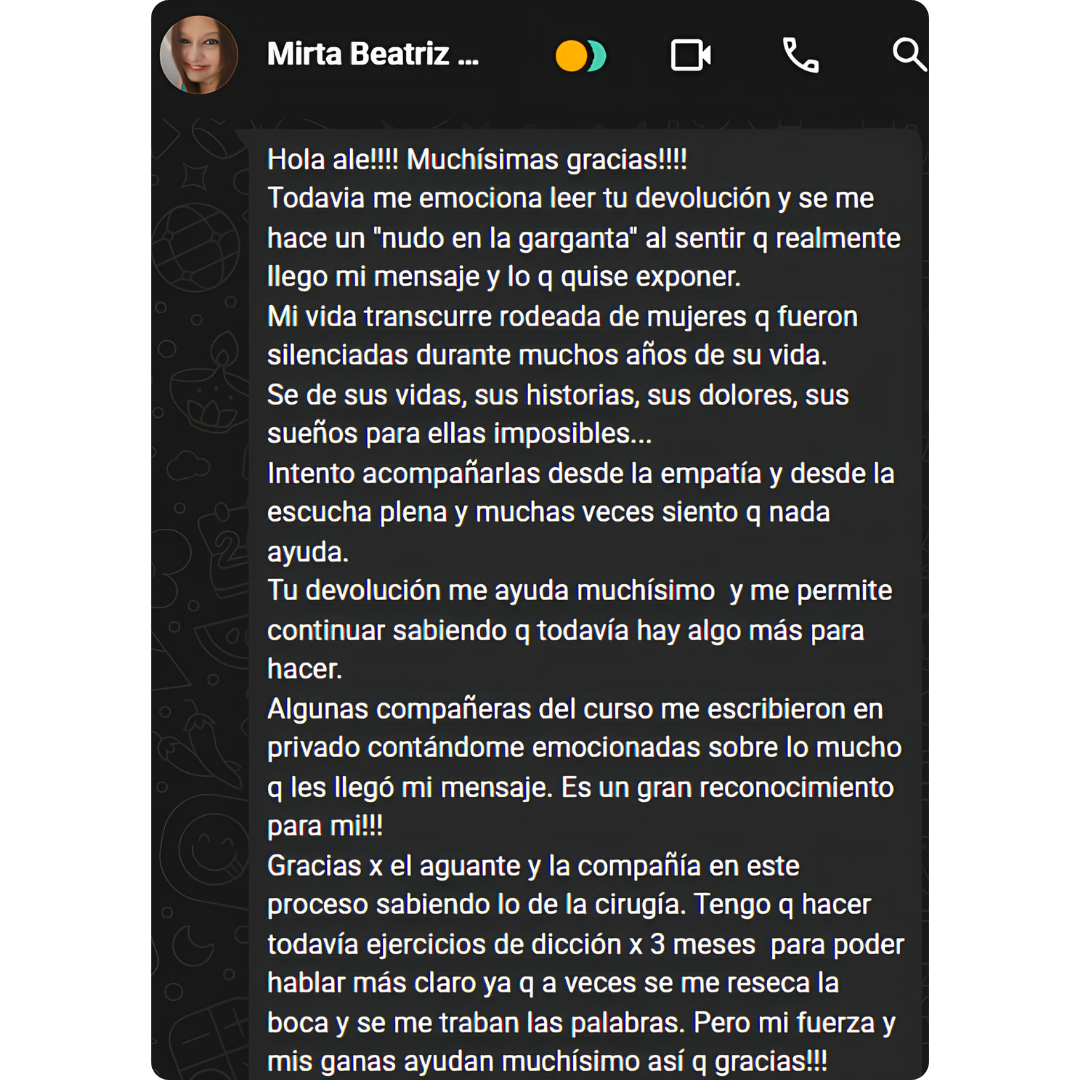 Feedback real de estudiante en WhatsApp del curso de oratoria